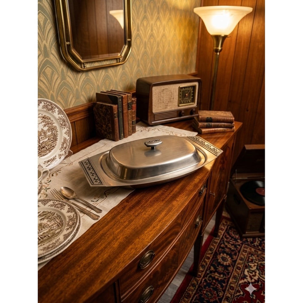 International Stainless Deluxe Serving Dish MCM Scroll Silver Stainless Steel